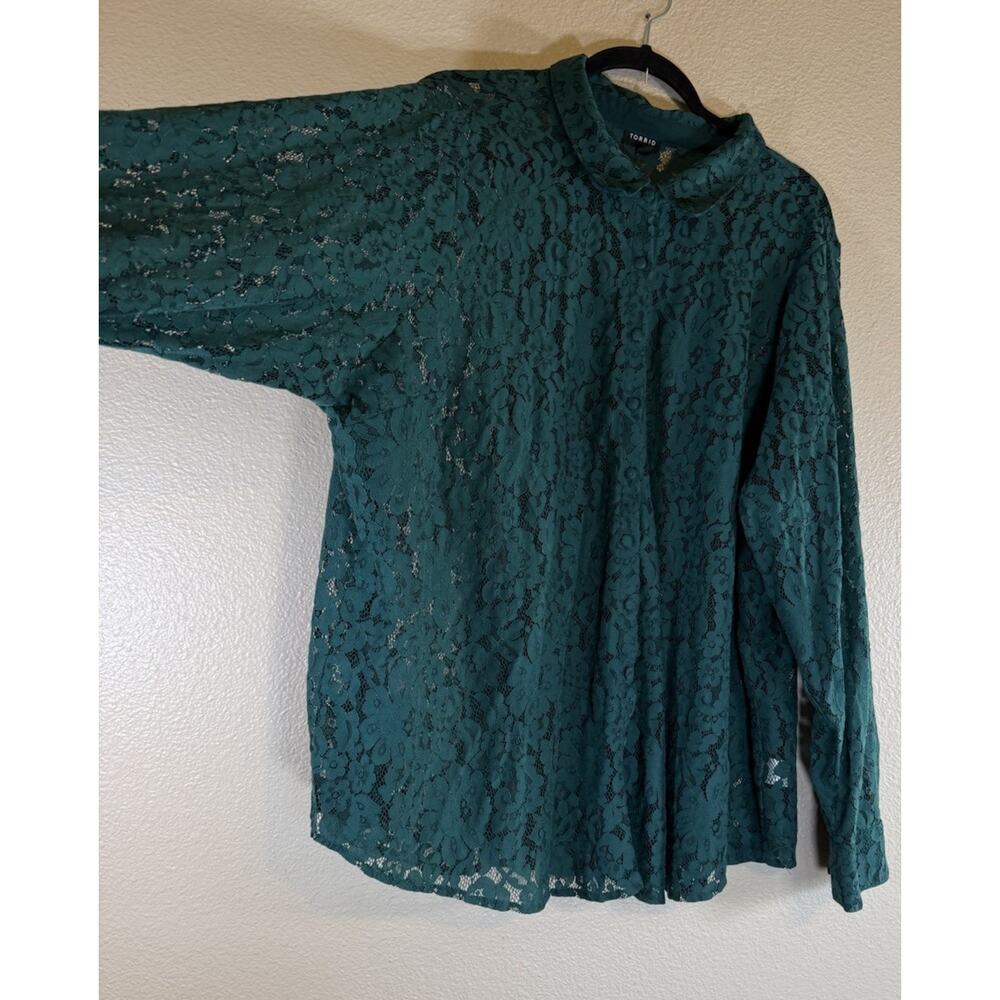 Torrid Plus 4/4X Green Lace Long Sleeve Button Down Blouse Cotton Blend - Picture 3 of 8